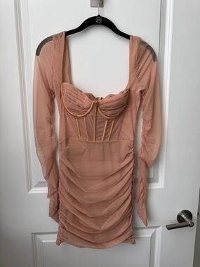 Oh Polly Dusty Pink Ruched Mesh Long-Sleeve Bodycon Dress
